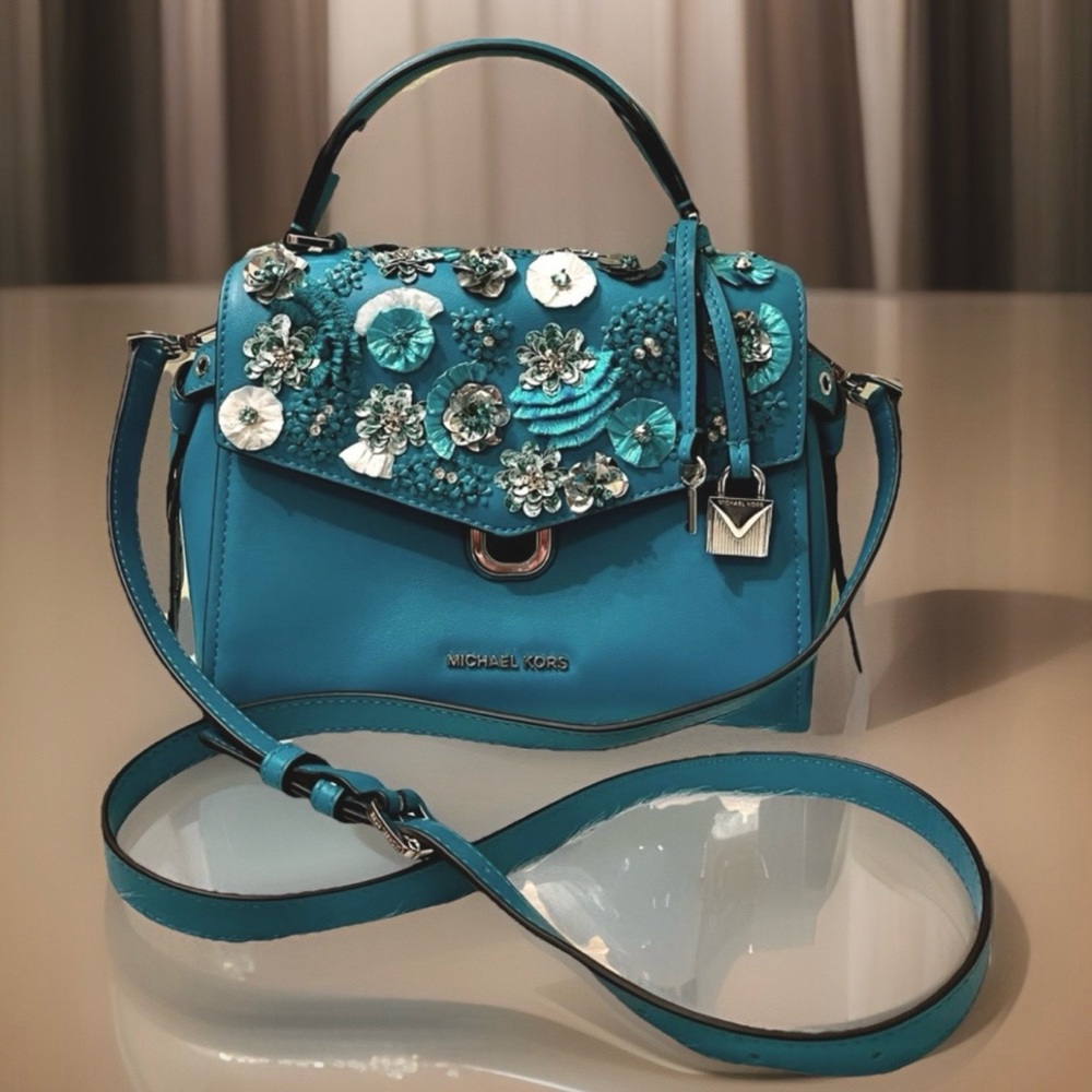 Michael Kors Teal Floral Embellished Satchel - Picture 10 of 10